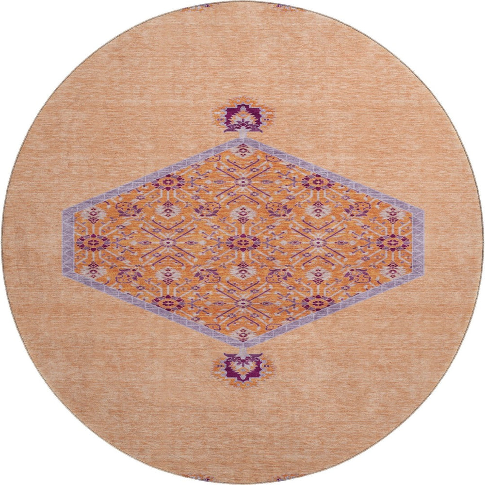 HomeRoots 8' Washable Round Rug in Peach, Orange & Beige - UV Protected, Durable, Oriental Design for Homes 679381