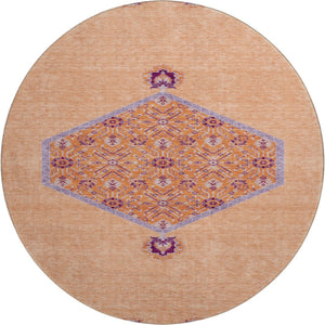 HomeRoots 8' Washable Round Rug in Peach, Orange & Beige - UV Protected, Durable, Oriental Design for Homes 679381