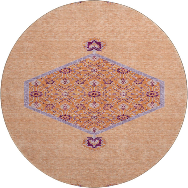 HomeRoots 8' Washable Round Rug in Peach, Orange & Beige - UV Protected, Durable, Oriental Design for Homes 679381