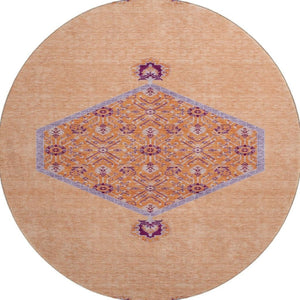 HomeRoots 8' Washable Round Rug in Peach, Orange & Beige - UV Protected, Durable, Oriental Design for Homes 679381