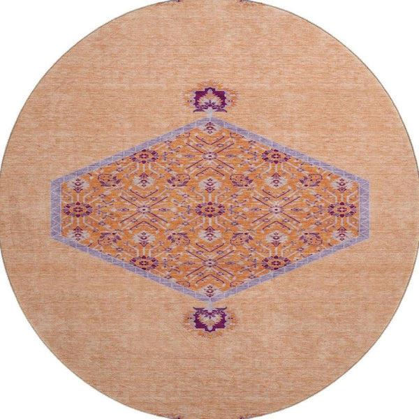HomeRoots 8' Washable Round Rug in Peach, Orange & Beige - UV Protected, Durable, Oriental Design for Homes 679381