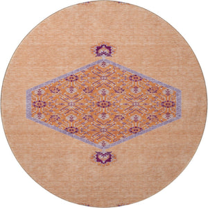 HomeRoots 8' Washable Round Rug in Peach, Orange & Beige - UV Protected, Durable, Oriental Design for Homes 679381