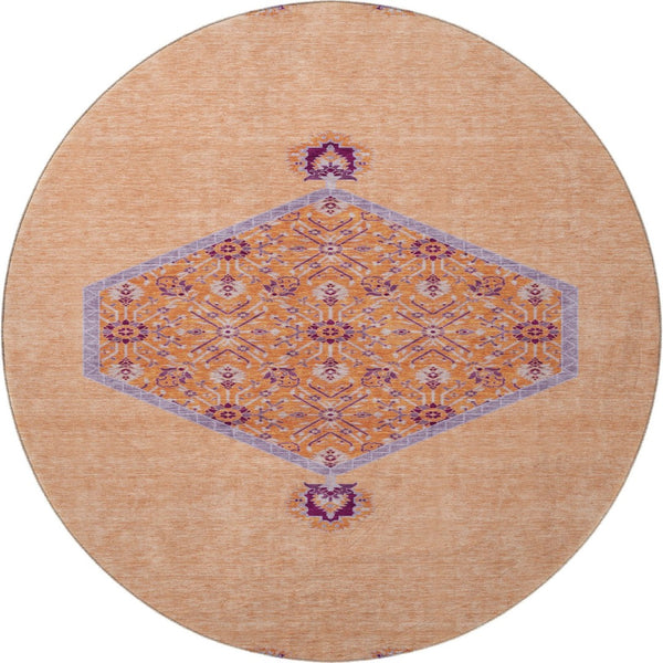 HomeRoots 8' Washable Round Rug in Peach, Orange & Beige - UV Protected, Durable, Oriental Design for Homes 679381