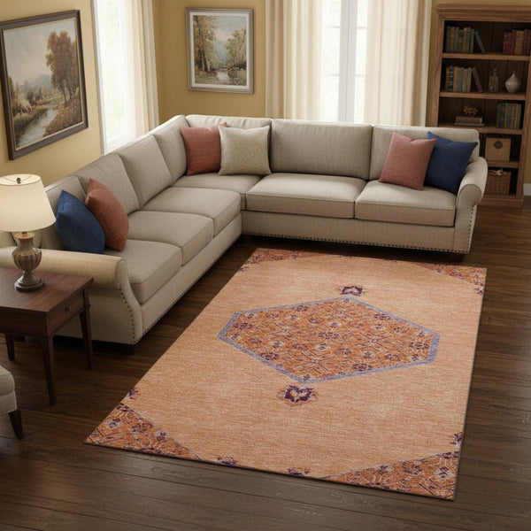 HomeRoots 8' X 10' Washable Peach Orange Beige Oriental Area Rug with Stain Resistance & UV Protection Features 679382