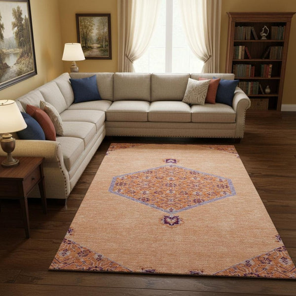 HomeRoots 9' X 12' Peach Orange Beige Oriental Area Rug - Washable, Stain Resistant, UV Protected for Homes 679383