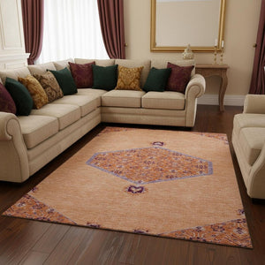 HomeRoots 10' X 14' Washable Peach Orange Beige Oriental Area Rug – UV Protected, Soft, Durable & Stylish! 679384
