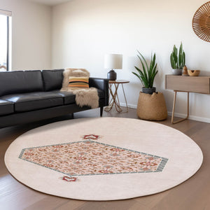 HomeRoots 8' Pink Burgundy and Gray Oriental Round Rug - Washable, Stain-Resistant, UV Protected for Kids & Pets 679387