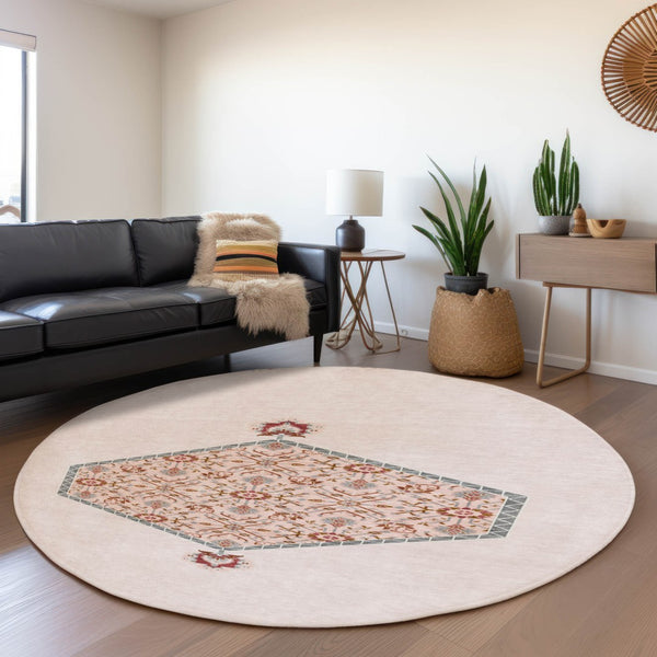 HomeRoots 8' Pink Burgundy and Gray Oriental Round Rug - Washable, Stain-Resistant, UV Protected for Kids & Pets 679387