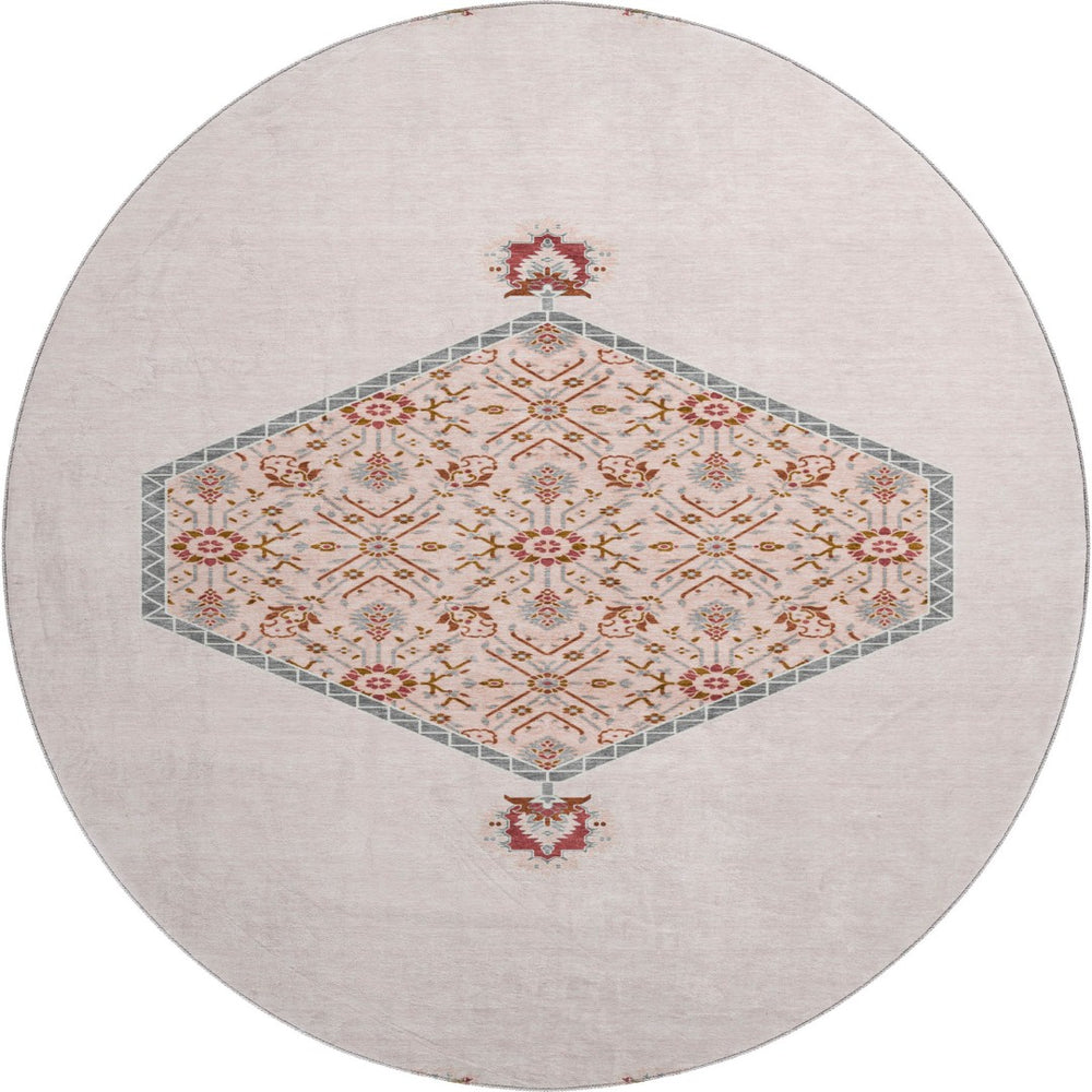 HomeRoots 8' Pink Burgundy and Gray Oriental Round Rug - Washable, Stain-Resistant, UV Protected for Kids & Pets 679387