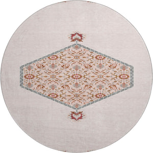 HomeRoots 8' Pink Burgundy and Gray Oriental Round Rug - Washable, Stain-Resistant, UV Protected for Kids & Pets 679387