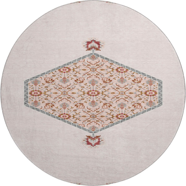 HomeRoots 8' Pink Burgundy and Gray Oriental Round Rug - Washable, Stain-Resistant, UV Protected for Kids & Pets 679387