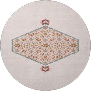HomeRoots 8' Pink Burgundy and Gray Oriental Round Rug - Washable, Stain-Resistant, UV Protected for Kids & Pets 679387