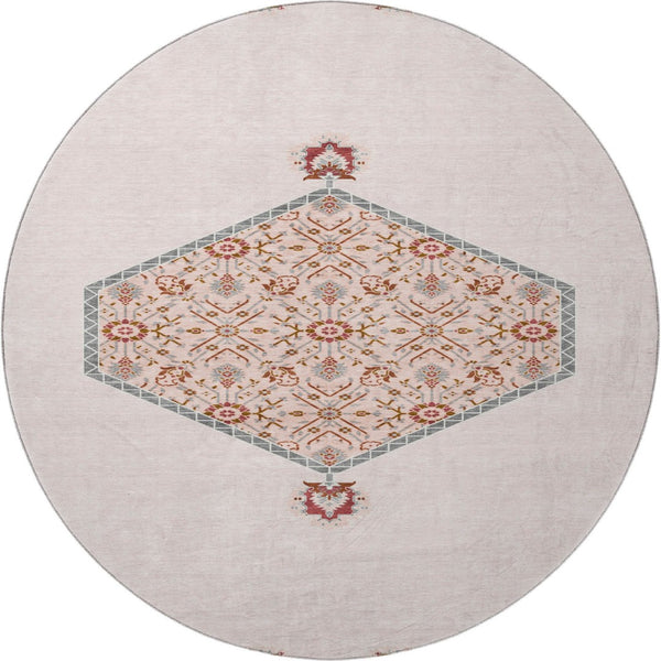 HomeRoots 8' Pink Burgundy and Gray Oriental Round Rug - Washable, Stain-Resistant, UV Protected for Kids & Pets 679387