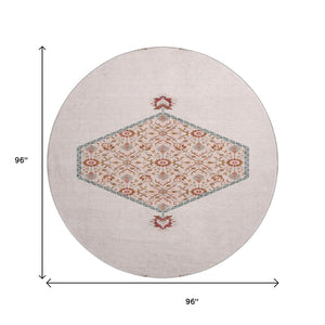 HomeRoots 8' Pink Burgundy and Gray Oriental Round Rug - Washable, Stain-Resistant, UV Protected for Kids & Pets 679387