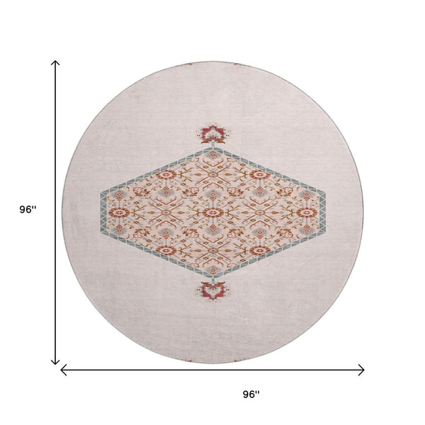 HomeRoots 8' Pink Burgundy and Gray Oriental Round Rug - Washable, Stain-Resistant, UV Protected for Kids & Pets 679387