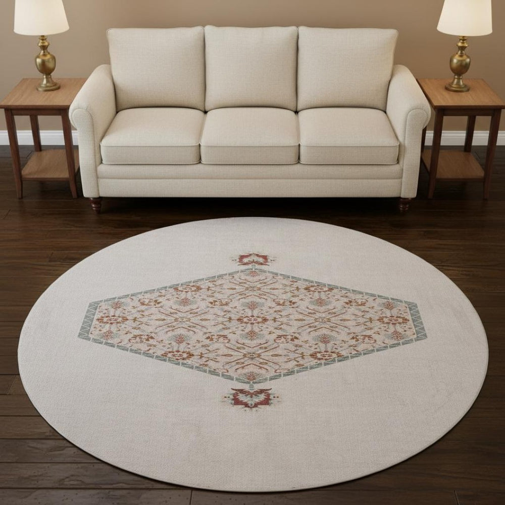 HomeRoots 8' Pink Burgundy and Gray Oriental Round Rug - Washable, Stain-Resistant, UV Protected for Kids & Pets 679387