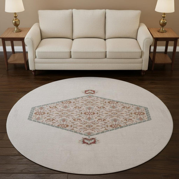 HomeRoots 8' Pink Burgundy and Gray Oriental Round Rug - Washable, Stain-Resistant, UV Protected for Kids & Pets 679387