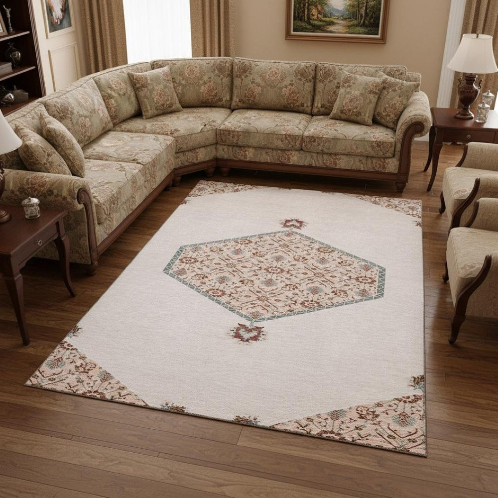 HomeRoots 8' X 10' Pink Burgundy & Gray Oriental Area Rug – Washable, UV-Protected, Stain-Resistant Design 679388