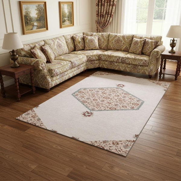 HomeRoots 9' X 12' Pink Burgundy & Gray Oriental Washable Area Rug - Stylish, Durable, UV Protected & Easy Care 679389