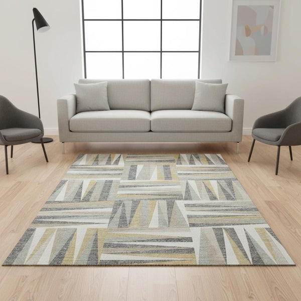 HomeRoots 5' X 8' Stylish Beige Ivory Gold Geometric Washable Area Rug with UV Protection for Every Space 679392