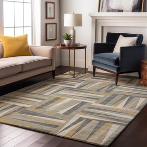HomeRoots 5' X 8' Stylish Beige Ivory Gold Geometric Washable Area Rug with UV Protection for Every Space 679392