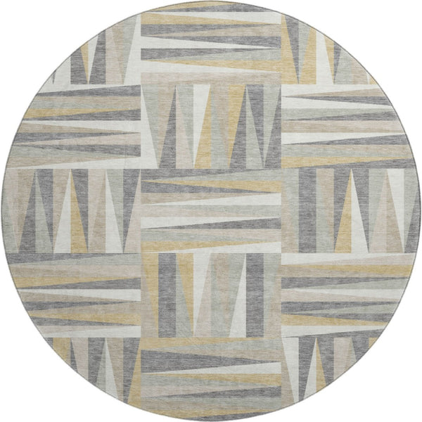 HomeRoots 8' Beige Ivory Gold Geometric Round Rug - Washable, UV Protected, Stylish & Stain-Resistant Design 679393