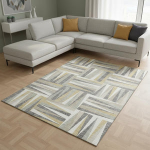 HomeRoots 8' X 10' Beige Ivory Gold Geometric Area Rug - Washable, UV Protected, Stain Resistant & Stylish Design 679394