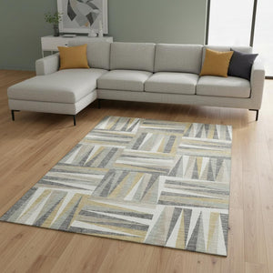 HomeRoots 9' X 12' Geometric Area Rug in Beige, Ivory & Gold - Washable, UV Protected, Ideal for Homes with Kids 679395