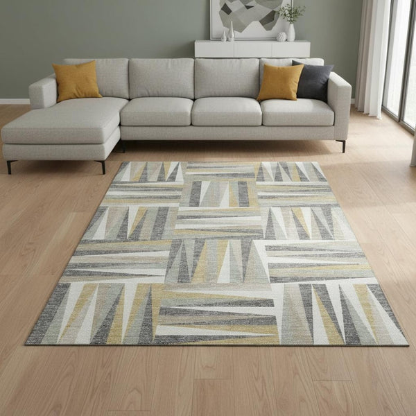 HomeRoots 10' X 14' Stylish Beige & Ivory Geometric Area Rug - Washable, UV Protected, Durable for Families 679396