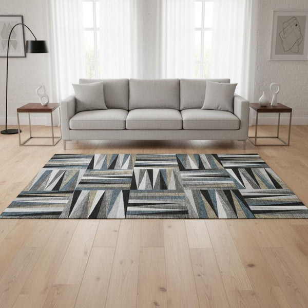 HomeRoots 5' Modern Geometric Washable Area Rug in Black, Beige & Ivory - Durable, UV Protected & Stylish! 679398