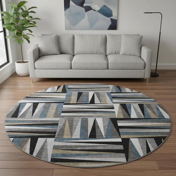 HomeRoots 8' Modern Geometric Round Rug in Black, Beige & Ivory - Washable, UV-Protected & Non-Slip Design 679399