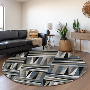 HomeRoots 8' Modern Geometric Round Rug in Black, Beige & Ivory - Washable, UV-Protected & Non-Slip Design 679399