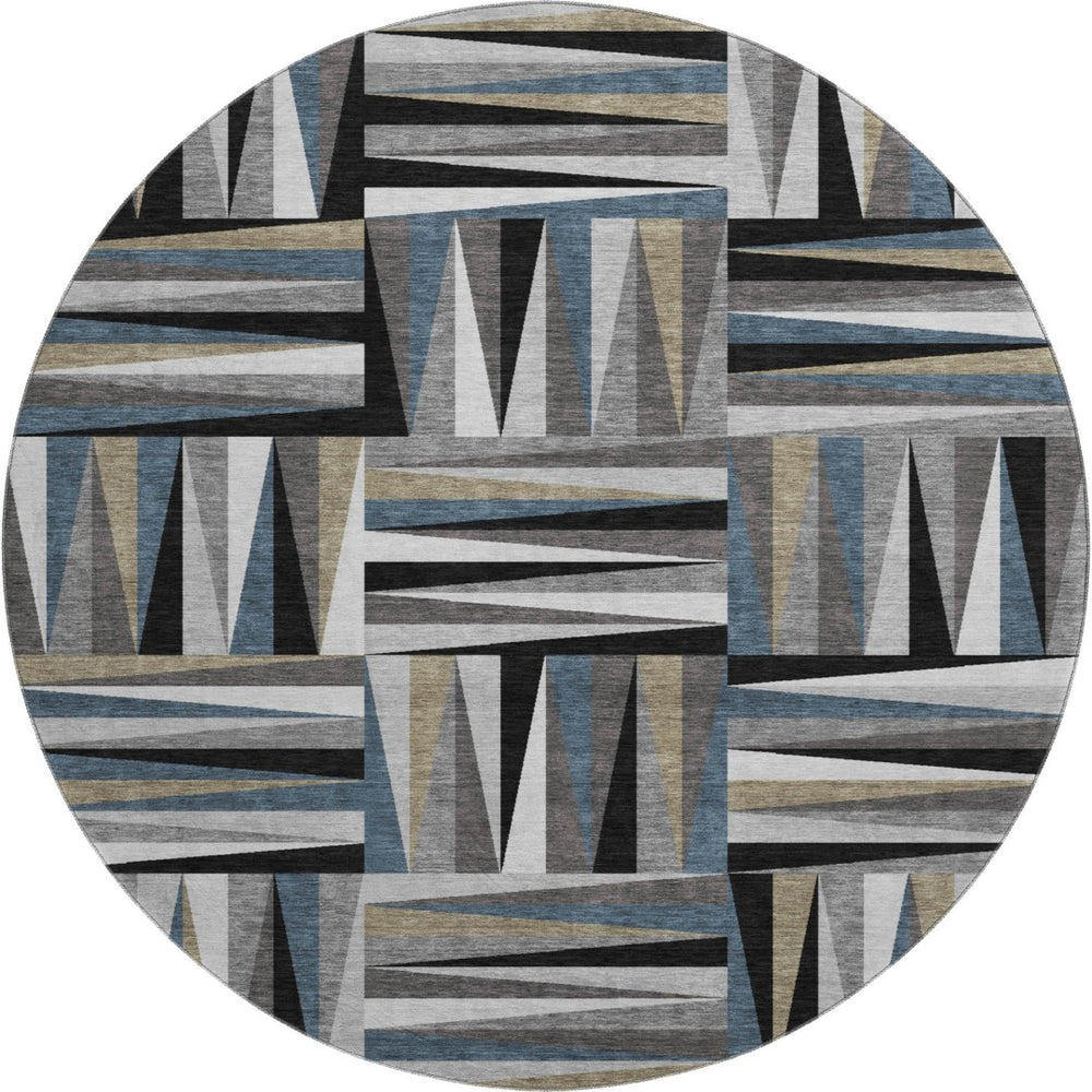 HomeRoots 8' Modern Geometric Round Rug in Black, Beige & Ivory - Washable, UV-Protected & Non-Slip Design 679399