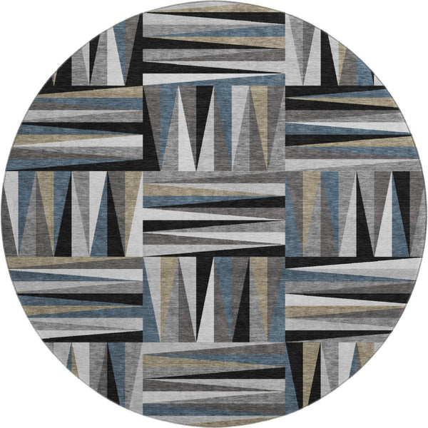 HomeRoots 8' Modern Geometric Round Rug in Black, Beige & Ivory - Washable, UV-Protected & Non-Slip Design 679399