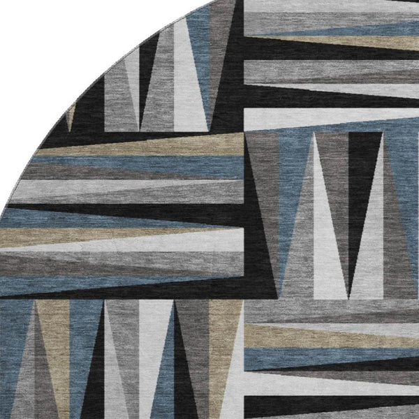 HomeRoots 8' Modern Geometric Round Rug in Black, Beige & Ivory - Washable, UV-Protected & Non-Slip Design 679399