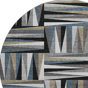 HomeRoots 8' Modern Geometric Round Rug in Black, Beige & Ivory - Washable, UV-Protected & Non-Slip Design 679399