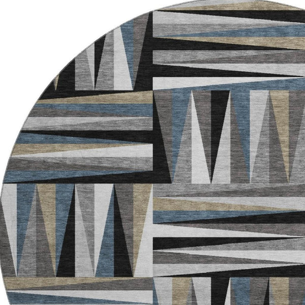 HomeRoots 8' Modern Geometric Round Rug in Black, Beige & Ivory - Washable, UV-Protected & Non-Slip Design 679399