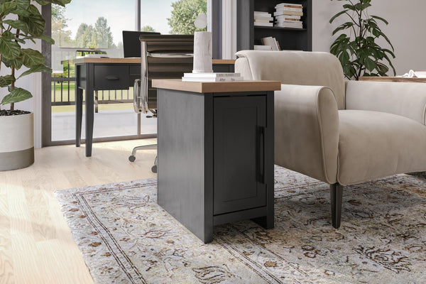 English Elm 14 inch Chairside Table Black & Whiskey Two-Tone Farmhouse Accent with Door Storage, Preassembled B108P160150