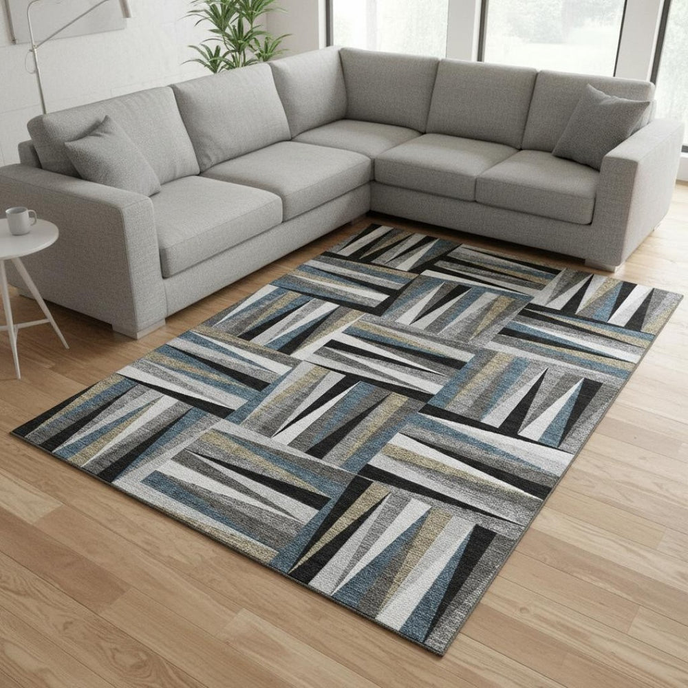 HomeRoots 9' X 12' Modern Geometric Washable Area Rug in Black, Beige & Ivory - Stain & UV Resistant Design 679401