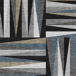 HomeRoots 9' X 12' Modern Geometric Washable Area Rug in Black, Beige & Ivory - Stain & UV Resistant Design 679401