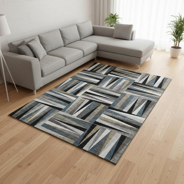 HomeRoots 10' Modern Geometric Washable Area Rug in Black, Beige & Ivory with UV Protection for Home Comfort 679402