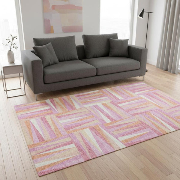 HomeRoots 5' X 8' Blush Peach Ivory Geometric Area Rug - Modern, Washable, Stain-Resistant & UV Protected! 679404
