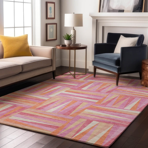HomeRoots 5' X 8' Blush Peach Ivory Geometric Area Rug - Modern, Washable, Stain-Resistant & UV Protected! 679404