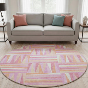 HomeRoots 8' Blush Peach & Ivory Modern Geometric Washable Round Rug - UV Protection, Durable & Stylish! 679405