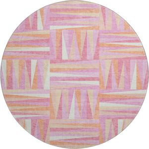 HomeRoots 8' Blush Peach & Ivory Modern Geometric Washable Round Rug - UV Protection, Durable & Stylish! 679405