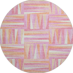 HomeRoots 8' Blush Peach & Ivory Modern Geometric Washable Round Rug - UV Protection, Durable & Stylish! 679405