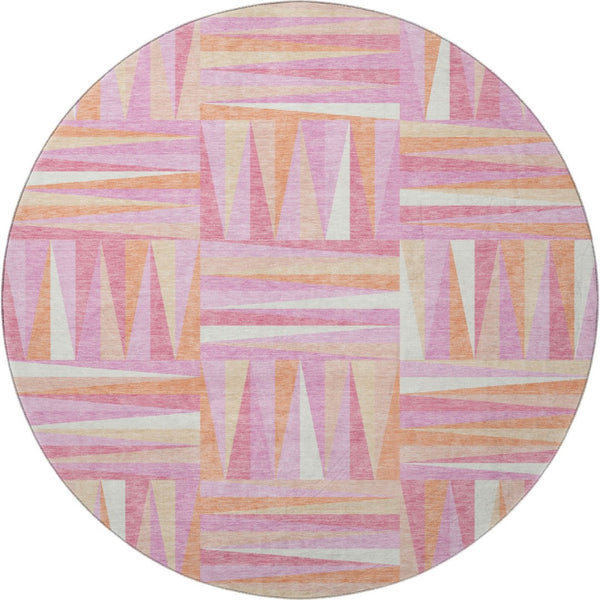 HomeRoots 8' Blush Peach & Ivory Modern Geometric Washable Round Rug - UV Protection, Durable & Stylish! 679405