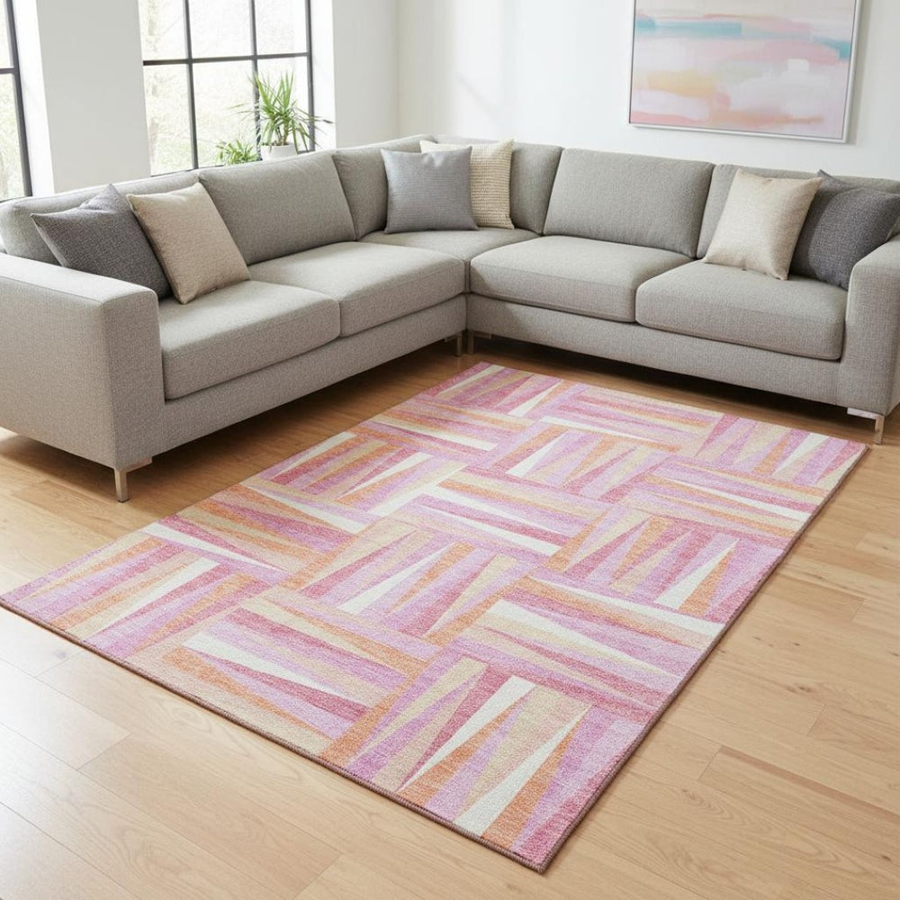 HomeRoots 10' X 14' Blush Peach & Ivory Geometric Area Rug - Washable, UV-Protected, Perfect for Busy Homes 679408
