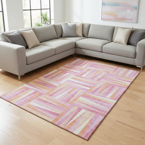 HomeRoots 10' X 14' Blush Peach & Ivory Geometric Area Rug - Washable, UV-Protected, Perfect for Busy Homes 679408