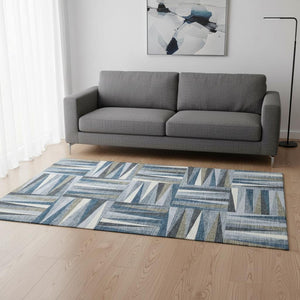 HomeRoots 5' X 8' Denim Blue, Ivory & Taupe Geometric Area Rug - Durable, Washable, UV Protected for High-Traffic Areas 679410
